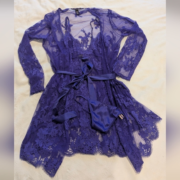 3 Piece New Victoria Secret Violet Lace Robe Chemise And Thong